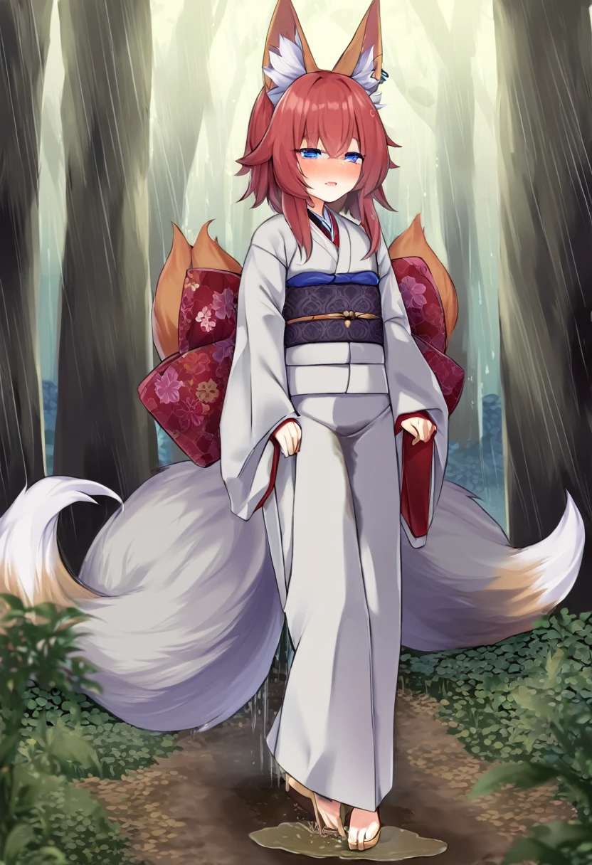 Masterpiece, Extremely detailed, Photo, A beautiful kitsune woman walking in a rainy forest holding a small ball of blue light, fox ears, nine fox tails, traditional Japanese clothing. (wetting self:1.0) 