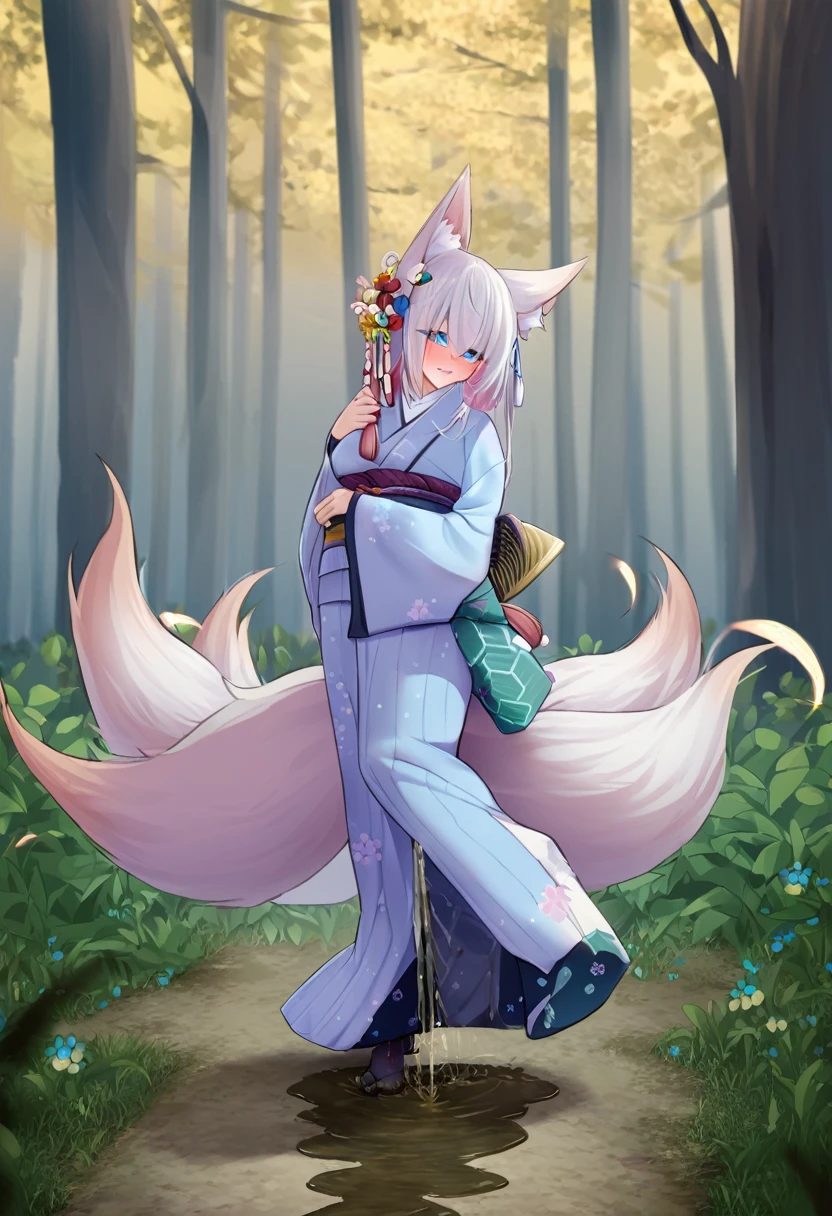 Masterpiece, Extremely detailed, Photo, A beautiful kitsune woman walking in a rainy forest holding a small ball of blue light, fox ears, nine fox tails, traditional Japanese clothing. (wetting self:1.0)