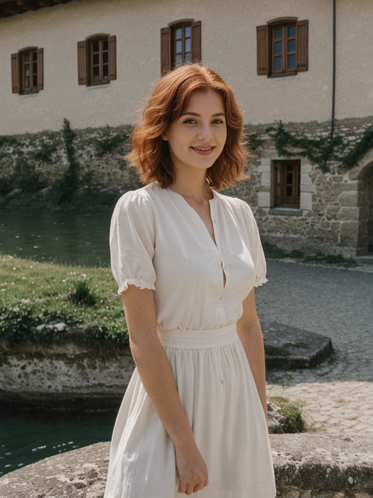 Emily Richardson, 1girl, solo, (((consistent face and image))), ((20 years old)), realistic, photorealistic, (red cranky hair), short hair, (((Caucasian mature woman))), (Swiss woman), (Swiss nose), (Swiss thick lips), posing outside the Picturesque island commune with stunning medieval architecture, upper body and upper legs, smirking, standing