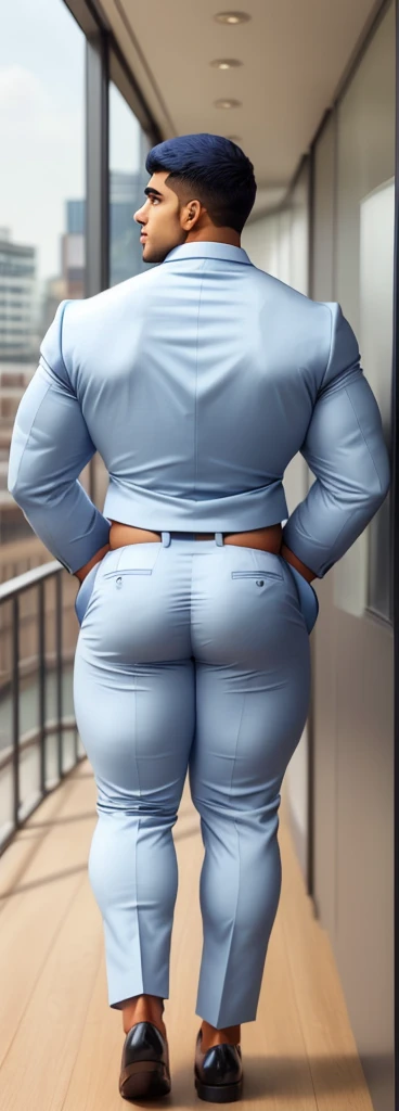 4 meter tall slightly overweight indian men. 20 years old. Childish Young hairless fresh face. In london with friend. Very sexy Posing for camera. Muscular. Wearing a tight blue and white office suit. Big ass. Smooth body and face. Belly seen. Long long legs. View from the back.