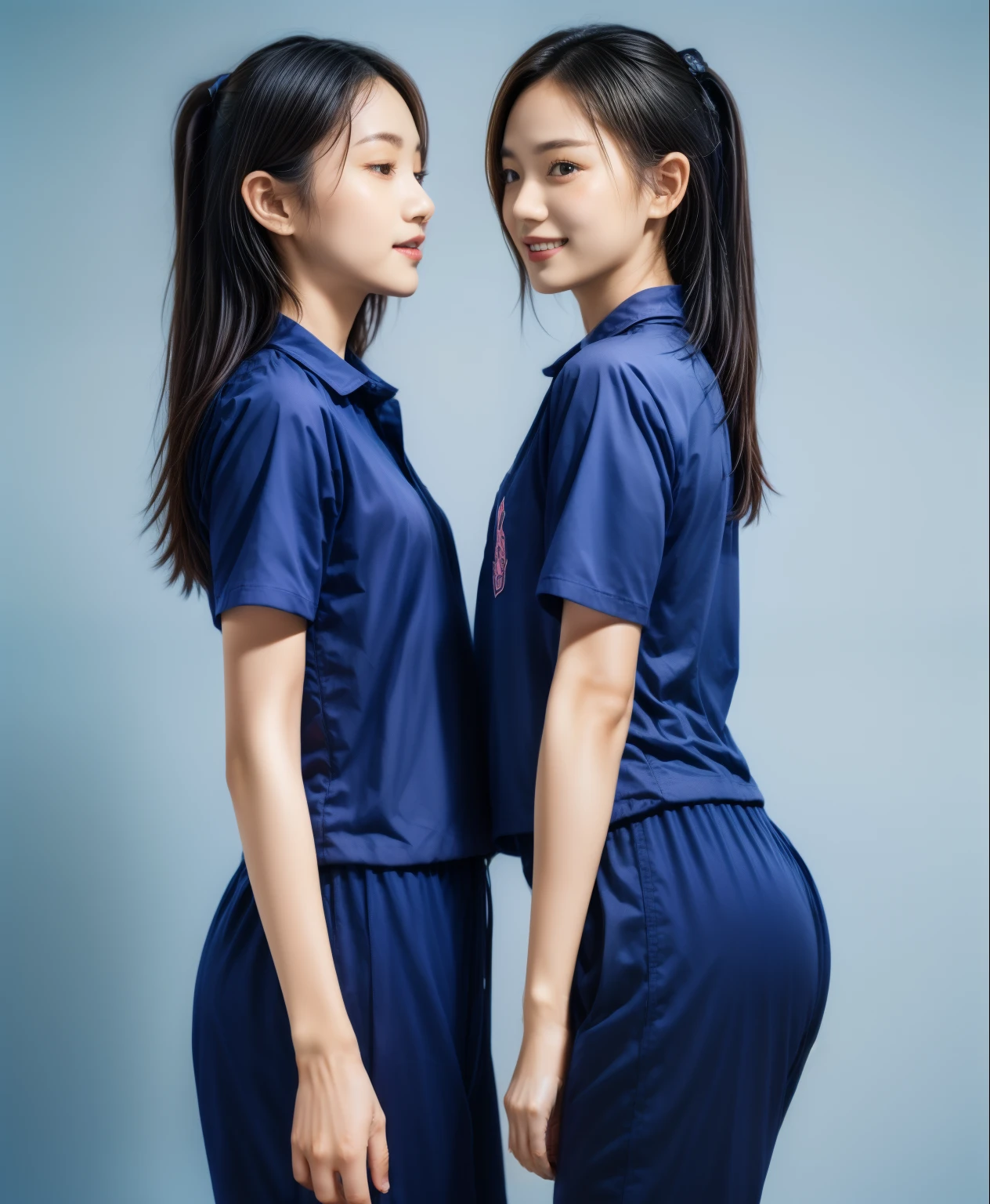 (best quality,10,10,height,Masterpiece:1.2),Special details,(realistic,ภาพrealistic,Realistic photos:1.37),1 Cute girl in the kitchen,shiny, ผิวshiny,only,smile softly,BDclothelue shirt:1.3)),short sleeve,shirt, กางเกงขาlong.,(navy_long_track pants:1.1), ((Kitchen Background)),Dynamic angle,excited,Face focus,dynamic poses,from behind,focus on ass,Masterpiece, best quality, ultra realistic, hyper detail, 8k resolution, raw photos, Sharp focus, ((Navy blue shirt:1.1)), short sleeve, เส้นทางlong, perfect body, 2 mature women, 18 years old, Cinema-grade lighting system,blue sweatpants,shirtผ้าออกกำลังกาย,correct anatomy,perfect body, correct body, Sharp face, correct bodyทางกายวิภาค, full body, realistic gestures, long-haired, realistic poses,Wear long shorts...........................,ช่วงขาlong,Good shape,carved girl, Slender figure, model, Good shape, beautiful body,blue sweatpants, two girls kissing