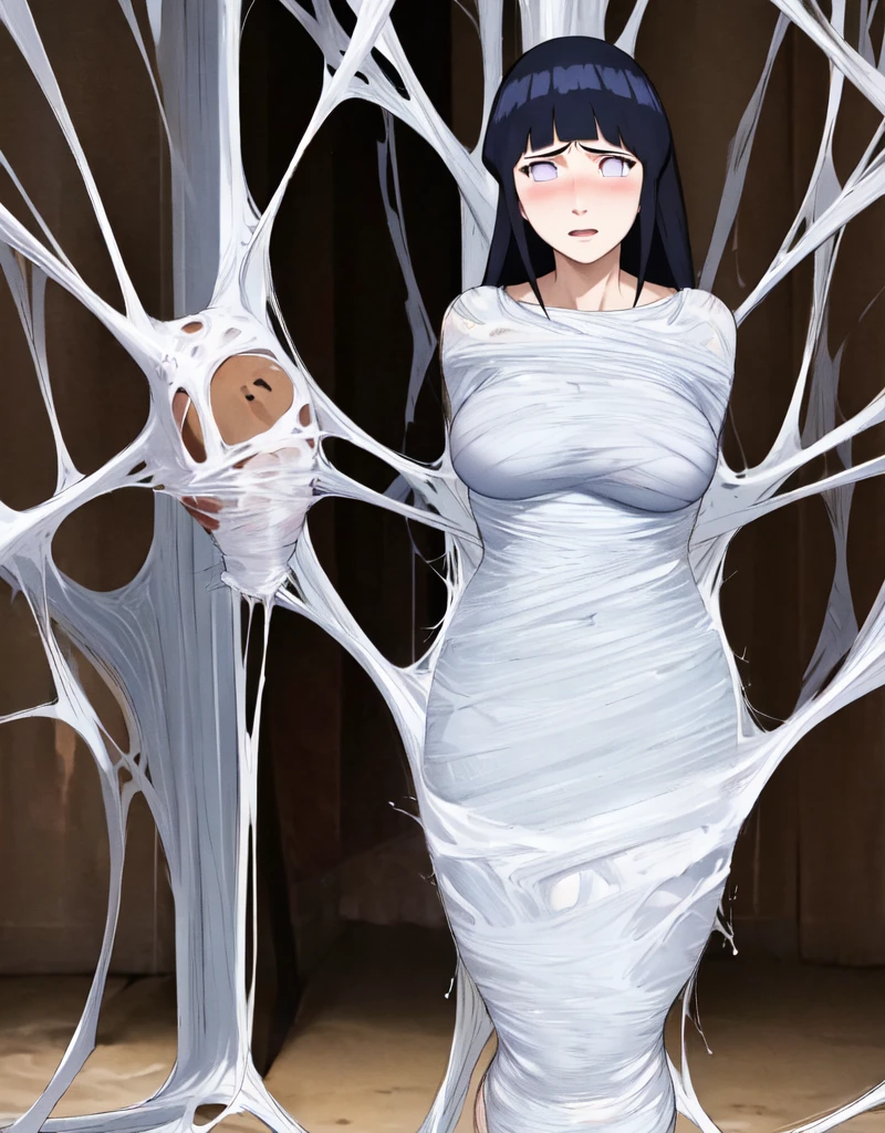 masterpiece, best quality, 1girl, solo, looking at viewer, hinata\(shippuden\), length hair, messy hair,large breasts , breasts out, (arms behind back:1.4), hanging,spiders in the web,long spider, Hinata, desperate,struggle, entangled, embarassed face, despair,cocoon, blushing face, (men touching her), full body
