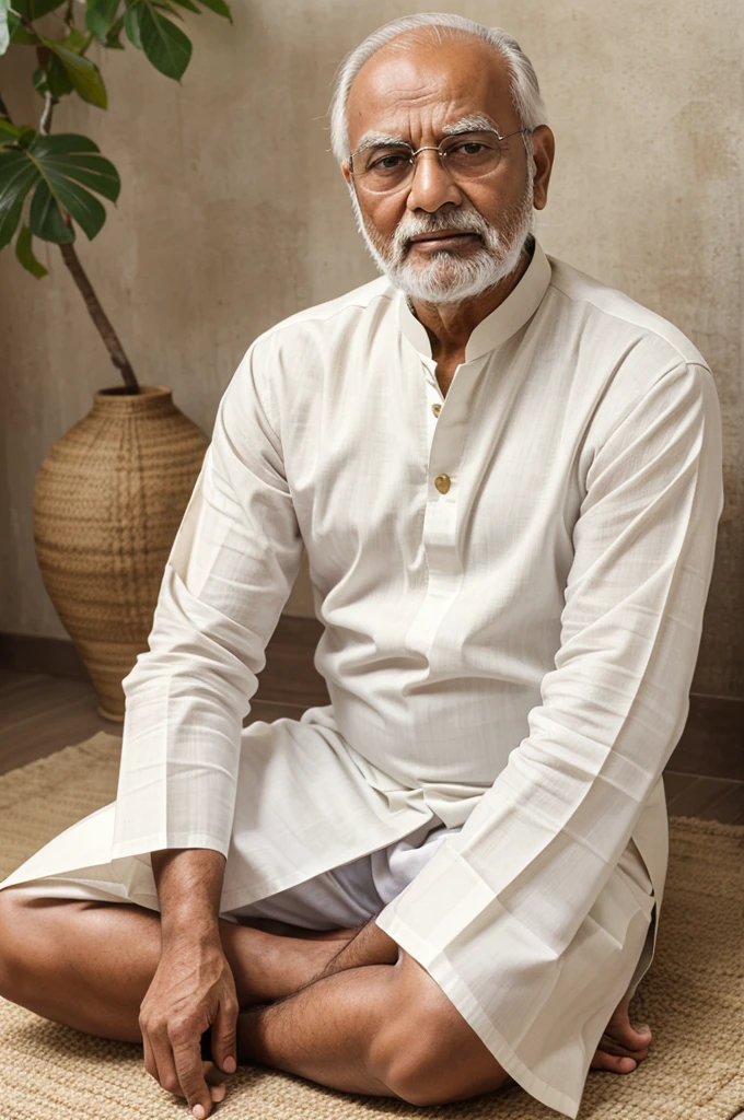 A old man sit streat position with white dhoti kurta in passport size photo