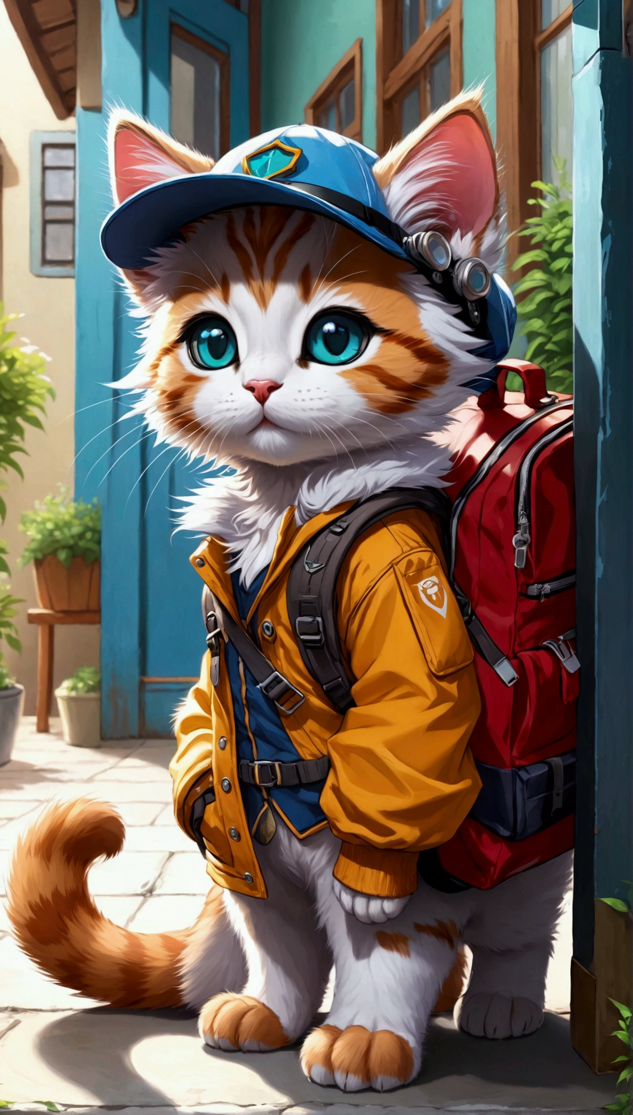 A cartoon style painting,The picture shows a kitten wearing a hat and carrying a school bag,Stand on the doorstep,His cat dad and mom greeted him with open arms,Wearing stylish fursona, Cat boy, Cute cat, Anthropomorphic cats, Hot topics on artstation pixiv, Full body high-grade white, High-quality anime art style, High resolution cargo, Anthropomorphic cats, High Quality Fan Art, Anthropomorphic cyberpunk kitten:tall and big,
