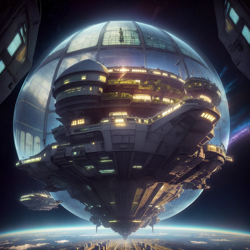 In a spaceship above the city, a farmer is planting vegetable seedlings in a greenhouse., 3 d render,Surrealism, Depicted as a science fiction scene, daily art, The background is over the city, In the skyship, masterpiece, of High Altitude Travel