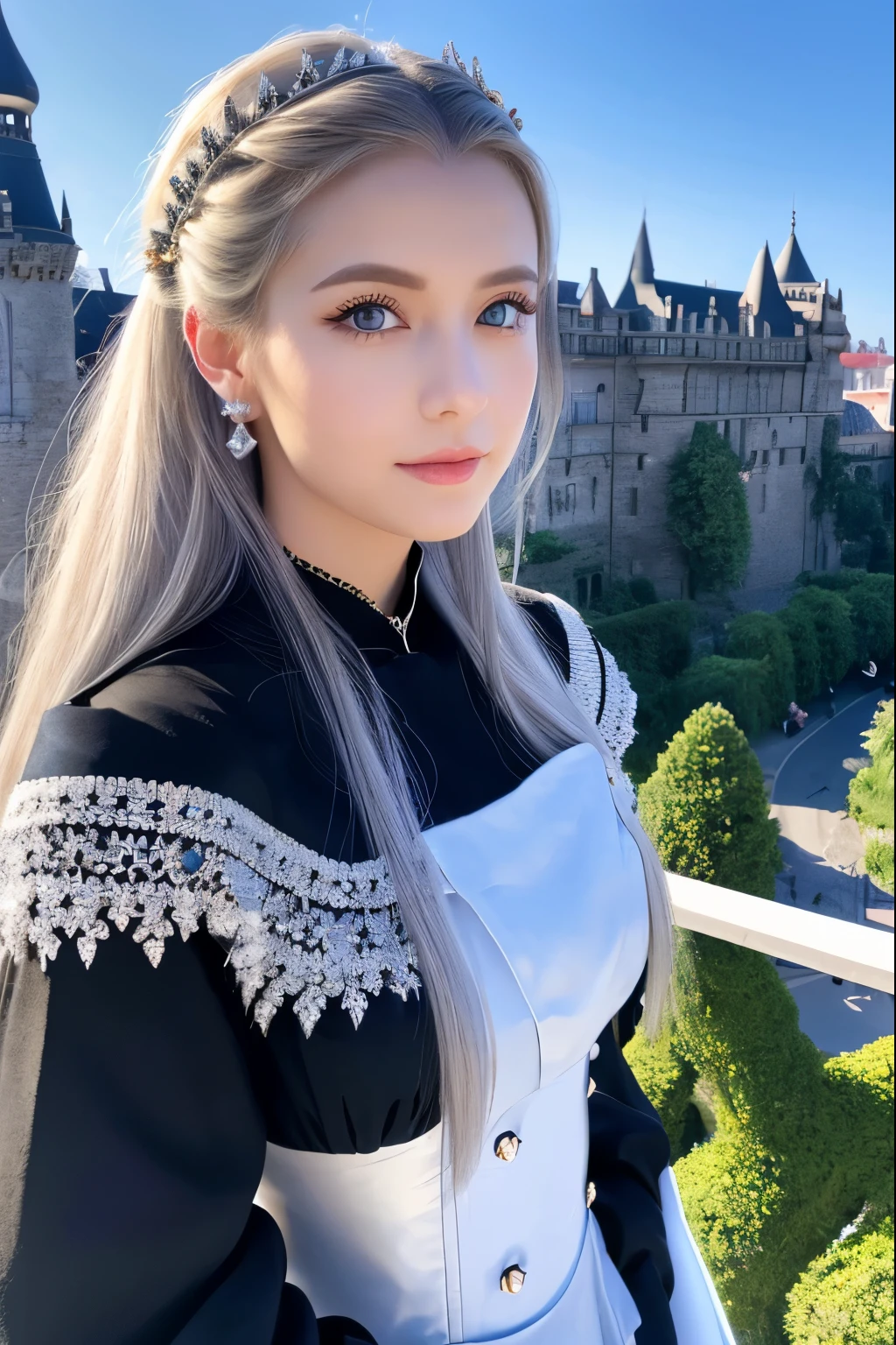 (4K), (Highest quality), (Best details), (Realistic)、Clear skies、Black Stealth Fighter、Beautiful Austrian queen looking out from a castle balcony、Gorgeous outfit、Frugal makeup、Silver Hair、Blue Eyes、