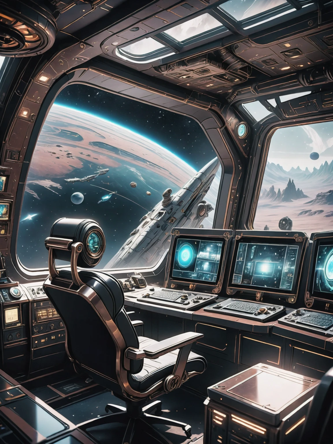 The steampunk look of the spaceship. From the window you can see the scenery of the alien planet, The entire space is full of working consoles with electronics and screens, Full-HD