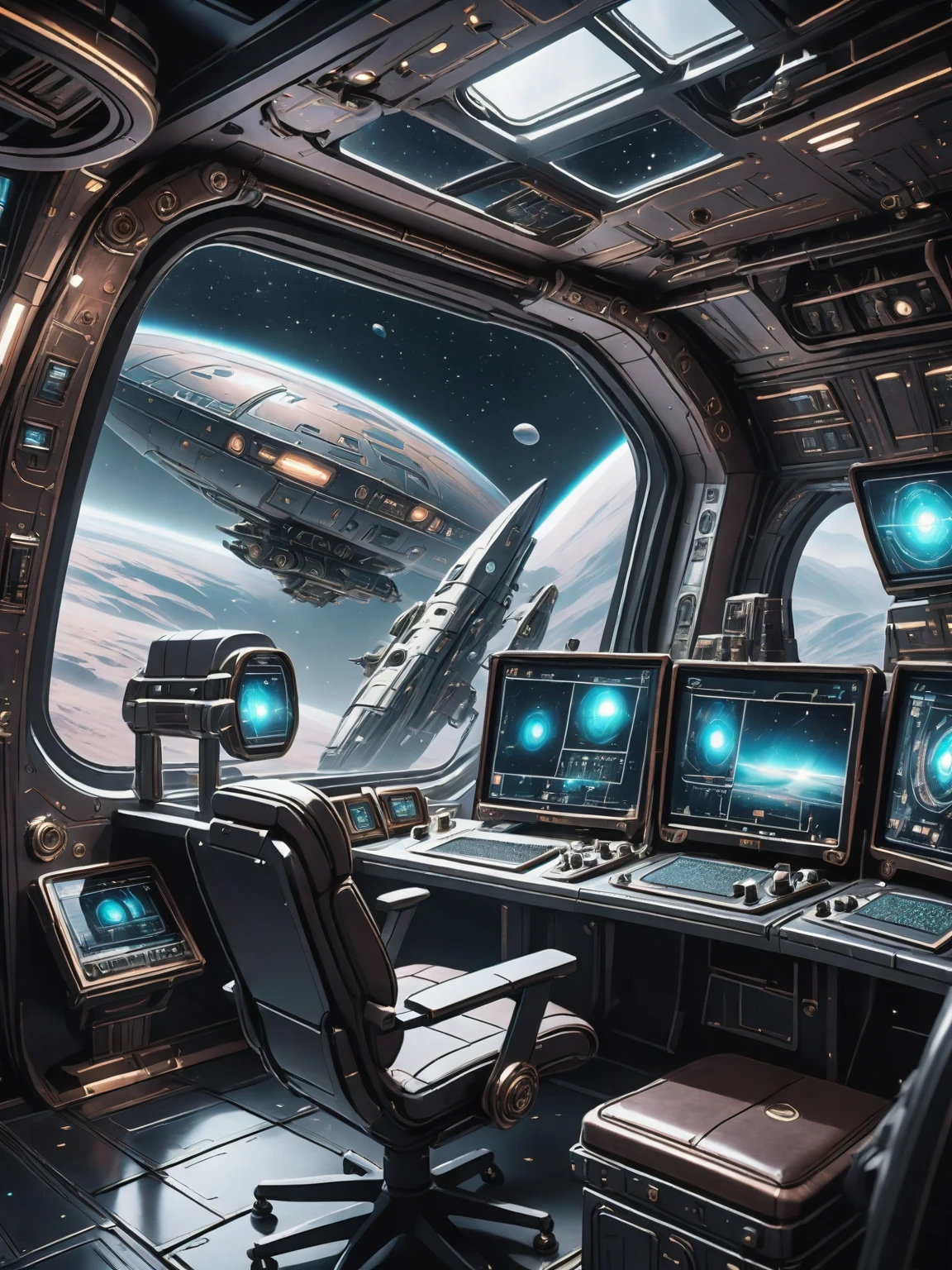 The steampunk look of the spaceship. From the window you can see the scenery of the alien planet, The entire space is full of working consoles with electronics and screens, Full-HD