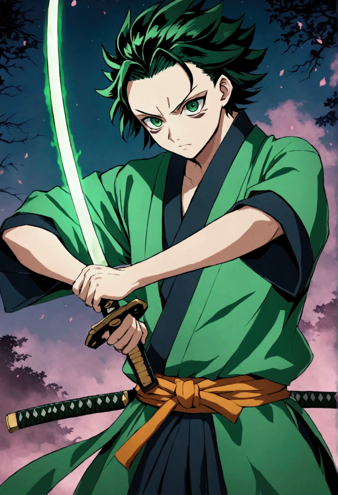 One Guy, young guy, Kimetsu no Yaiba, katana, toxic breathing style, green clothes, green eyes, sword slash, green sword aura, night backround, fixed arms, detailed arms and katana, human version, toxic aura swing