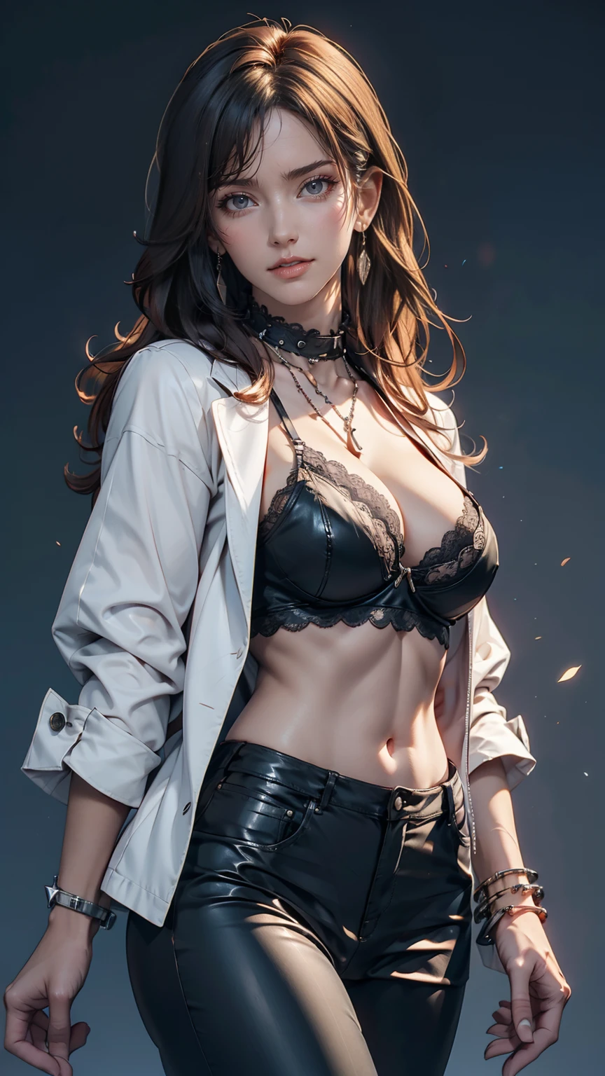 masterpiece, Highest quality, Dynamic pose, Dynamic Angle, Remains, Dynamic Background, Multicolored background, One girl, Are standing、24-year-old woman、Silver Hair、Girl wearing a spiked collar、24 year old Caucasian female、Sexy proportions、Punk rock fashion、Sexy lace-decorated bra、Leather jacket、Leather leggings、Flashy makeup、long hair、rosary necklace、rosary earrings、Put a spiked bracelet on your wrist、Shortcuts
