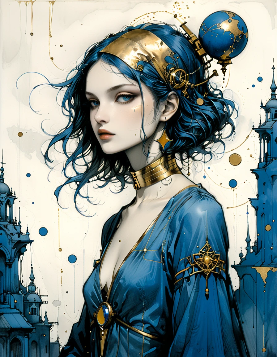 style of santiago caruso，Simple lines and shapes，girl，Gold and blue