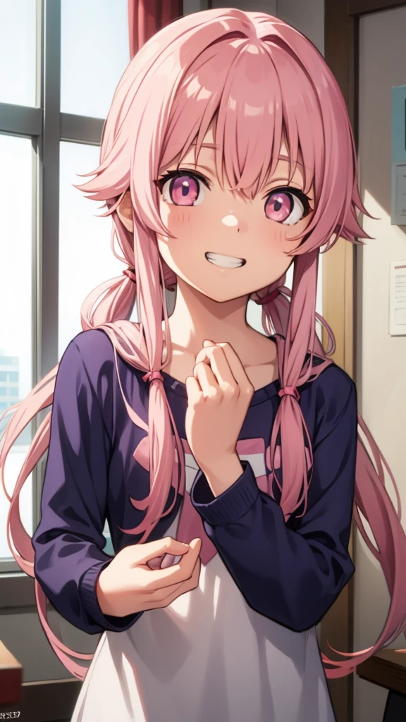 yunogasai, yuno gasai, long hair, (pink eyes:1.5), pink hair, smile, grin, low twintails,
BREAK ,
BREAK indoors, classroom,
BREAK looking at viewer, BREAK (masterpiece:1.2), best quality, high resolution, unity 8k wallpaper, (illustration:0.8), (beautiful detailed eyes:1.6), extremely detailed face, perfect lighting, extremely detailed CG, (perfect hands, perfect anatomy),