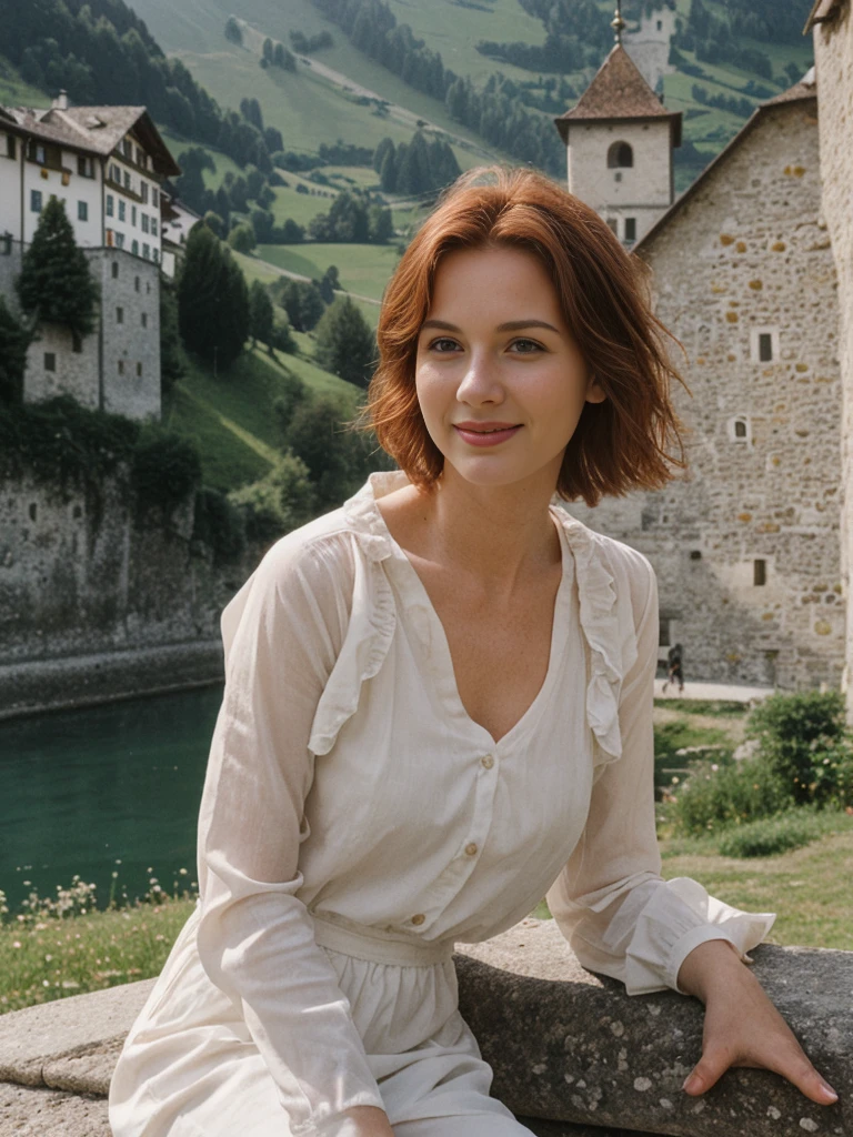 Emily Richardson, 1girl, solo, (((consistent face and image))), ((20 years old)), realistic, photorealistic, (red cranky hair), short hair, (((Caucasian mature woman))), (Swiss woman), (Swiss nose), (Swiss thick lips), posing outside the Picturesque commune with stunning medieval architecture, upper body and upper legs, smirking