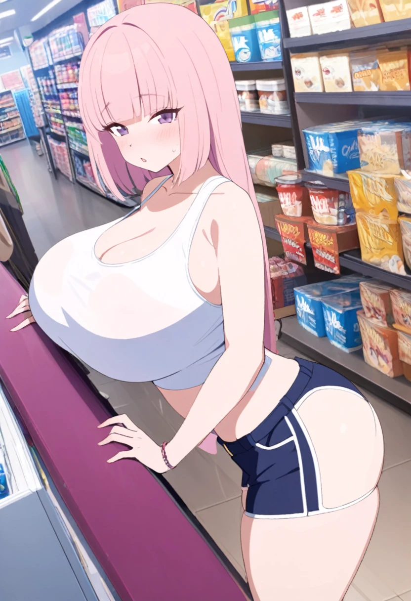 girl, light pink hair, hime cut, long hair, huge breast, thicc thigh, perfect body, micro short shorts, mini white tank top, tight shorts, tight tank top, minimarket view, clear view, looking for items