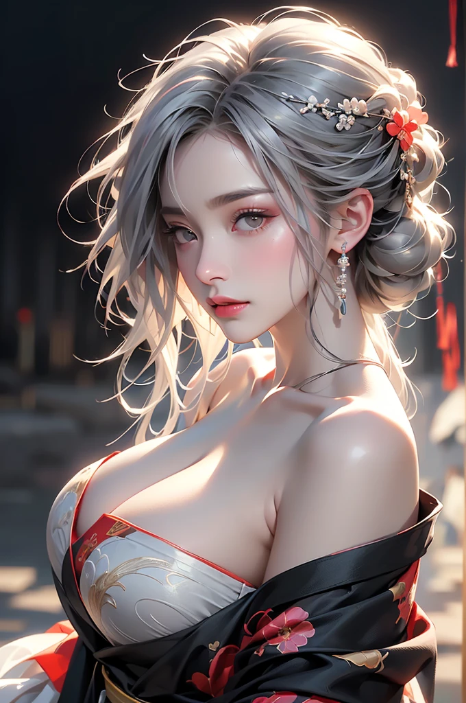 super high quality, masterpiece, Perfect illustration, Very detailed (Exquisite light and shadow, Very dramatic photo,Backlight) , ((Gray Hair:1.5))1 Girl,(( alone:1.6)), (Wearing Japanese clothes, Black and white kimono,Monotony,Long sleeve、Gorgeous costumes、A highly decorated kimono) Flower Field, Flowers, (White smoke:1.3) (Realistic:1.4), Zen Intertwining, Tangled, Official Art, unity 8k wallpaper, Very detailed, Beautiful and beautiful, masterpiece, Highest quality, (Dynamic Angle: 1.4), Glowing Skin, (Floating colorful flashes: 1) The most beautiful chaotic shapes, elegant, Brutalist Design, Bright colors, Romantic Depth of Field Exotic_dance, half_naked、Expose your shoulders、Ample breasts、Great cleavage、(from side)、Dynamic pose、Backlight
