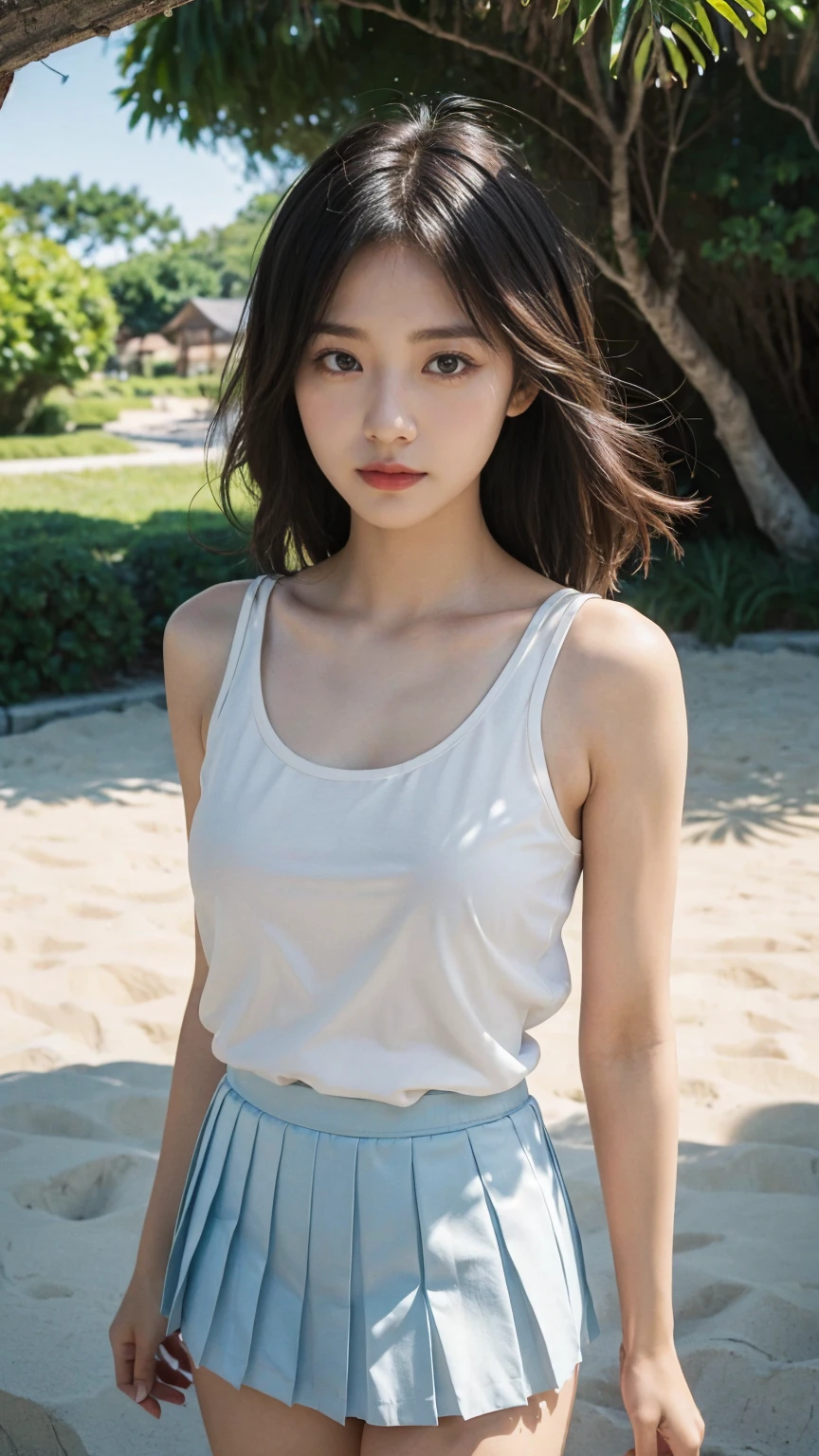 (((Top-down configuration:1.33)))、((No underwear:1.55))、(((A strong wind is blowing、Her hair and skirt are flying、stand with feet apart, loose tank top:1.68、Pleated skirt)))、One Girl、Beautiful and detailed eyes and face、barefoot、20 year old cute Japan woman, ((Extremely precise and accurate anatomy:1.0)), (photo Realistic:1.4), (hyper Realistic:1.4), (最高品質のRealisticな肌の質感:1.4), (Improvement of quality:1.4), (Enhances the beauty of skin texture:1.1), Clean and glowing skin, mesh, thin:1.2, (Realistic:1.3), Realisticなライティング, (Smoother lighting:1.05), (Improving the quality of cinema lighting:0.9), Backlight, A gentle light for your face, Ray Tracing, (Bright light:1.2), 32k, One Japanese woman, fine grain, Detailed face, (Film Grain:1.1),(Accentuates body lines:1.1), High resolution, Natural look, Kind eyes, Improves hair quality, Delicate light and shadow, Transparent muscles, Graceful pose, Beautiful Eyes, Sharp details, Soft light reflection, Beautiful contours, Delicate skin tone, Fine hair texture, Natural background, sunny day、Beach、splash、Sandy Beach、Light of the sun、clear blue sea、The waves crash quietly、Blue sky and white clouds、green mountain々、Beautiful Nature、The joy of youth