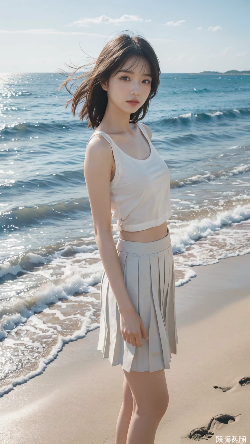 (((Top-down configuration:1.33)))、((No underwear:1.55))、(((A strong wind is blowing、Her hair and skirt are flying、stand with feet apart, loose tank top:1.68、Pleated skirt)))、One Girl、Beautiful and detailed eyes and face、barefoot、20 year old cute Japan woman, ((Extremely precise and accurate anatomy:1.0)), (photo Realistic:1.4), (hyper Realistic:1.4), (最高品質のRealisticな肌の質感:1.4), (Improvement of quality:1.4), (Enhances the beauty of skin texture:1.1), Clean and glowing skin, mesh, thin:1.2, (Realistic:1.3), Realisticなライティング, (Smoother lighting:1.05), (Improving the quality of cinema lighting:0.9), Backlight, A gentle light for your face, Ray Tracing, (Bright light:1.2), 32k, One Japanese woman, fine grain, Detailed face, (Film Grain:1.1),(Accentuates body lines:1.1), High resolution, Natural look, Kind eyes, Improves hair quality, Delicate light and shadow, Transparent muscles, Graceful pose, Beautiful Eyes, Sharp details, Soft light reflection, Beautiful contours, Delicate skin tone, Fine hair texture, Natural background, sunny day、Beach、splash、Sandy Beach、Light of the sun、clear blue sea、The waves crash quietly、Blue sky and white clouds、green mountain々、Beautiful Nature、The joy of youth