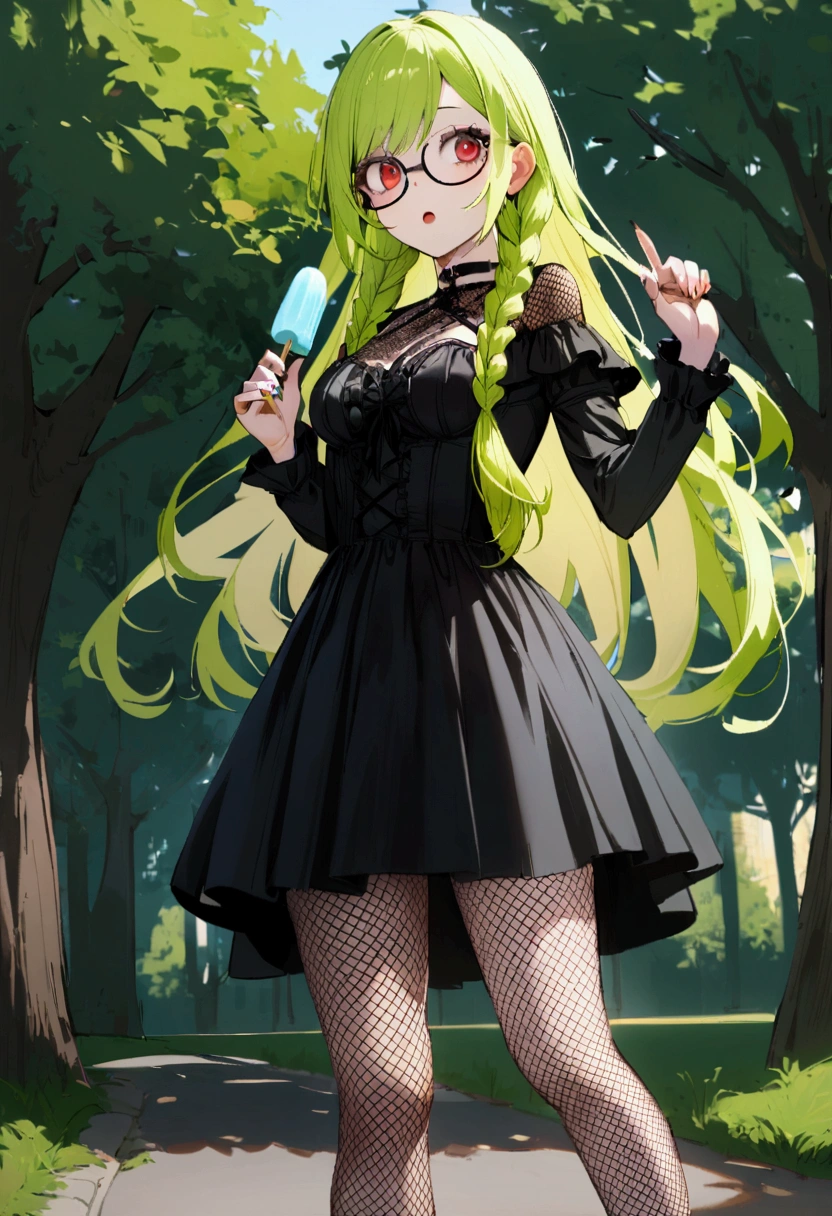 1 girl, lime long hair, two braids, Red eyes, Glasses, black gothic dress, fishnet stockings, Short, medium breast, outdoors, park, holding icecream, looking at icecream with fear