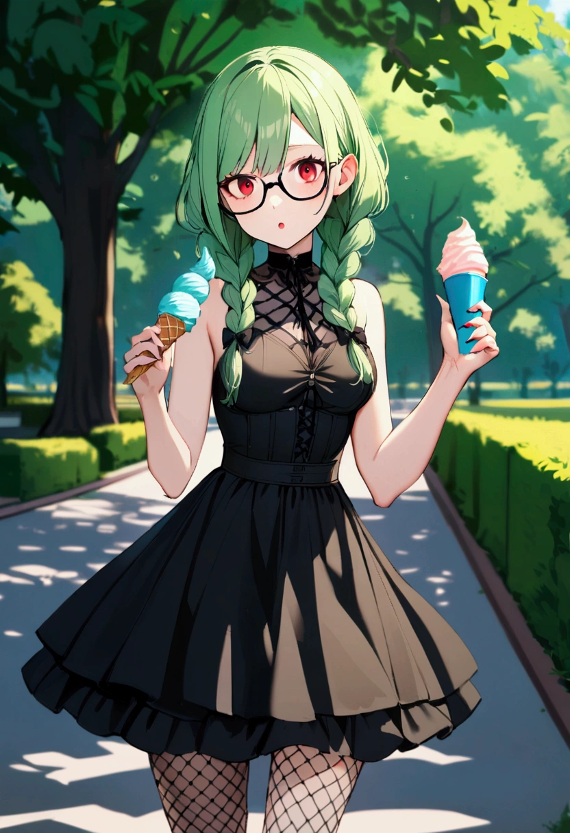 1 girl, lime long hair, two braids, Red eyes, Glasses, black gothic dress, fishnet stockings, Short, medium , outdoors, park, holding icecream, looking at icecream with fear