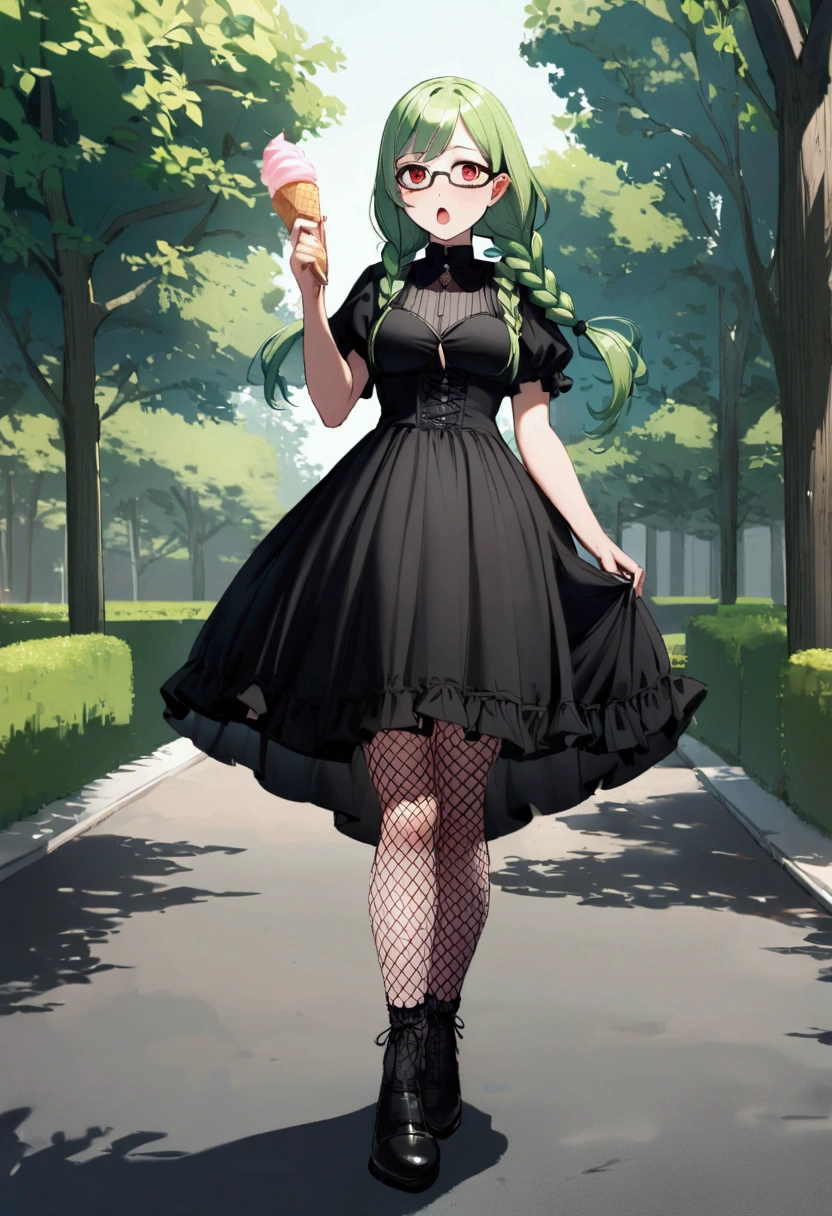 1 girl, lime long hair, two braids, Red eyes, Glasses, black gothic dress, fishnet stockings, Short, medium breast, outdoors, park, holding icecream, looking at icecream with fear