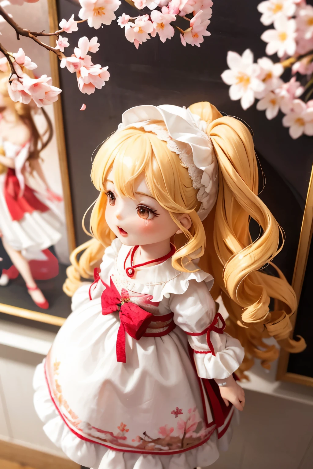 Doll standing in front of the painting、blonde、Yawning face、Rococo、(high definition figures)、Flowing cherry colored silk、cherry blossom petals、Flowing cherry blossom silk、Taken from the side、Bokeh effect strong、season!!: 🌸 ☀ 🍂 ❄