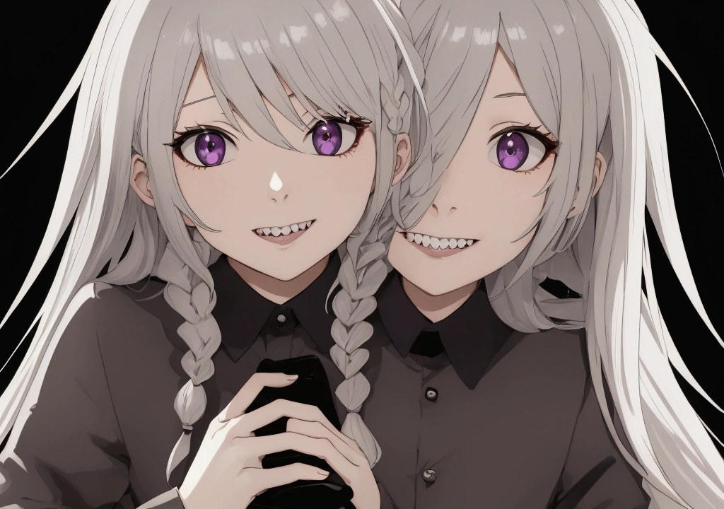 masterpiece,Highest quality,
//////////////One girl,alone,sharp teeth,teeth,Braiding,twin Braidings,Open your mouth,Grey Hair,View your viewers,Purple eyes,Long Hair,Horror \(theme\),Blood,Long sleeve,Upper Body,shirt,smile,
//////// ,