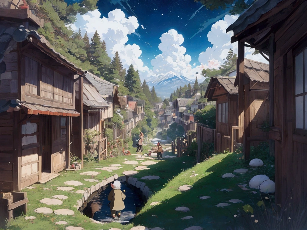 Create an anime-style illustration that appeals to children, depicting an old man walking on a mountain path holding a rice ball, with the rice ball rolling into a hole. Around the hole, there are cheerful mice welcoming the old man. The scene should be colorful and friendly, with a warm and magical atmosphere.