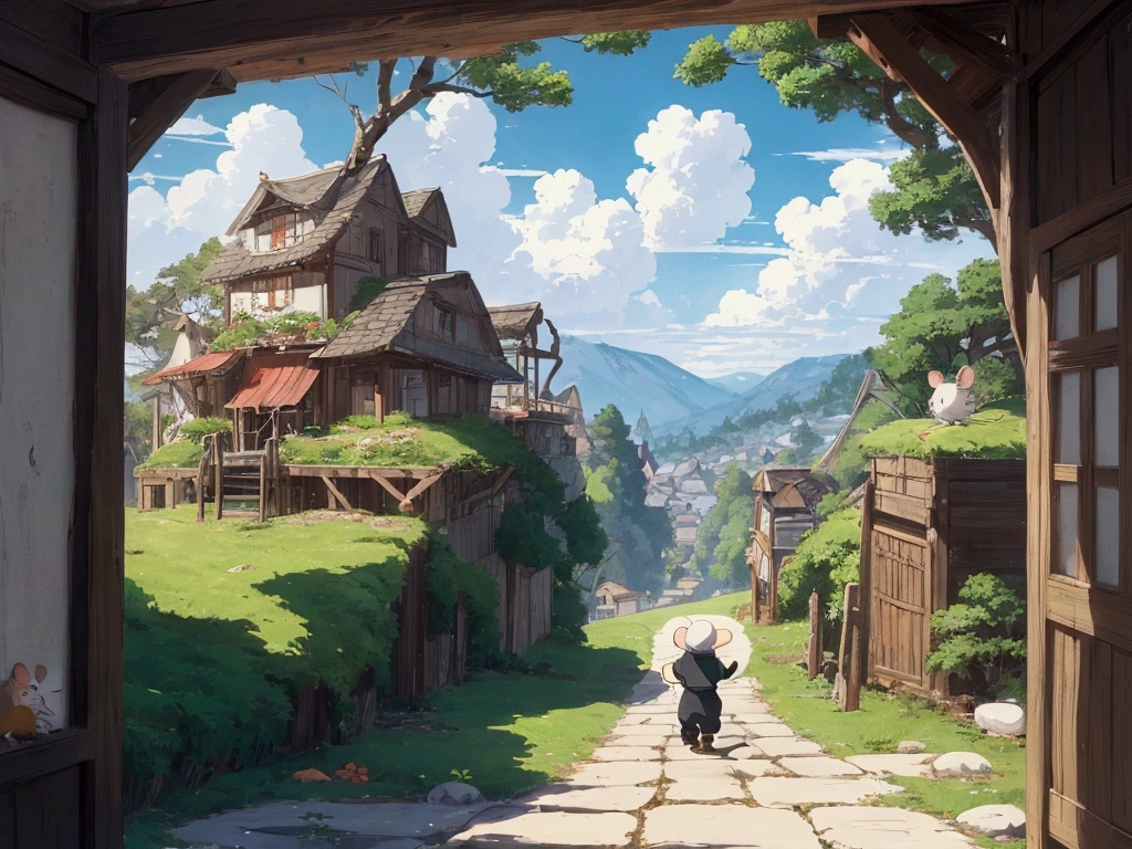 Create an anime-style illustration that appeals to children, depicting an old man walking on a mountain path holding a rice ball, with the rice ball rolling into a hole. Around the hole, there are cheerful mice welcoming the old man. The scene should be colorful and friendly, with a warm and magical atmosphere. 
