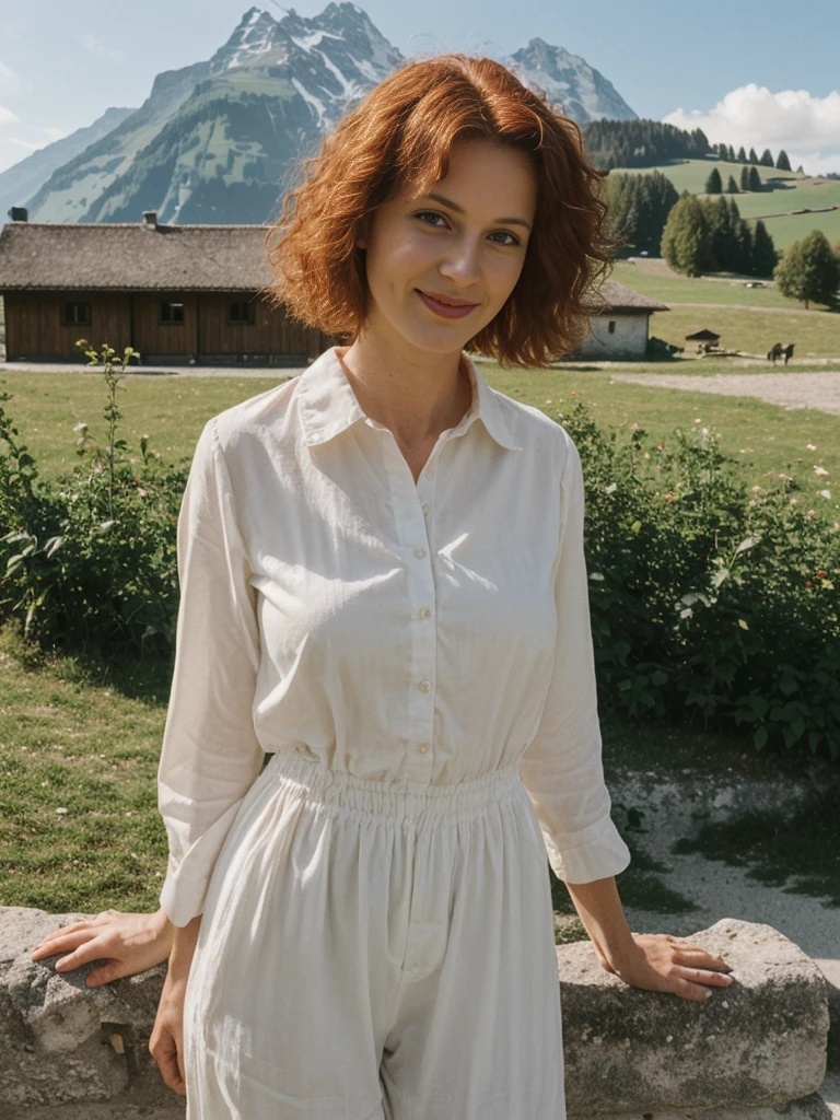 Emily Richardson, 1girl, solo, (((consistent face and image))), ((20 years old)), realistic, photorealistic, (red cranky hair), short hair, (((Caucasian mature woman))), (Swiss woman), (Swiss nose), (Swiss thick lips), posing outside the Picturesque island commune with stunning medieval architecture, upper body and upper legs, smirking, standing