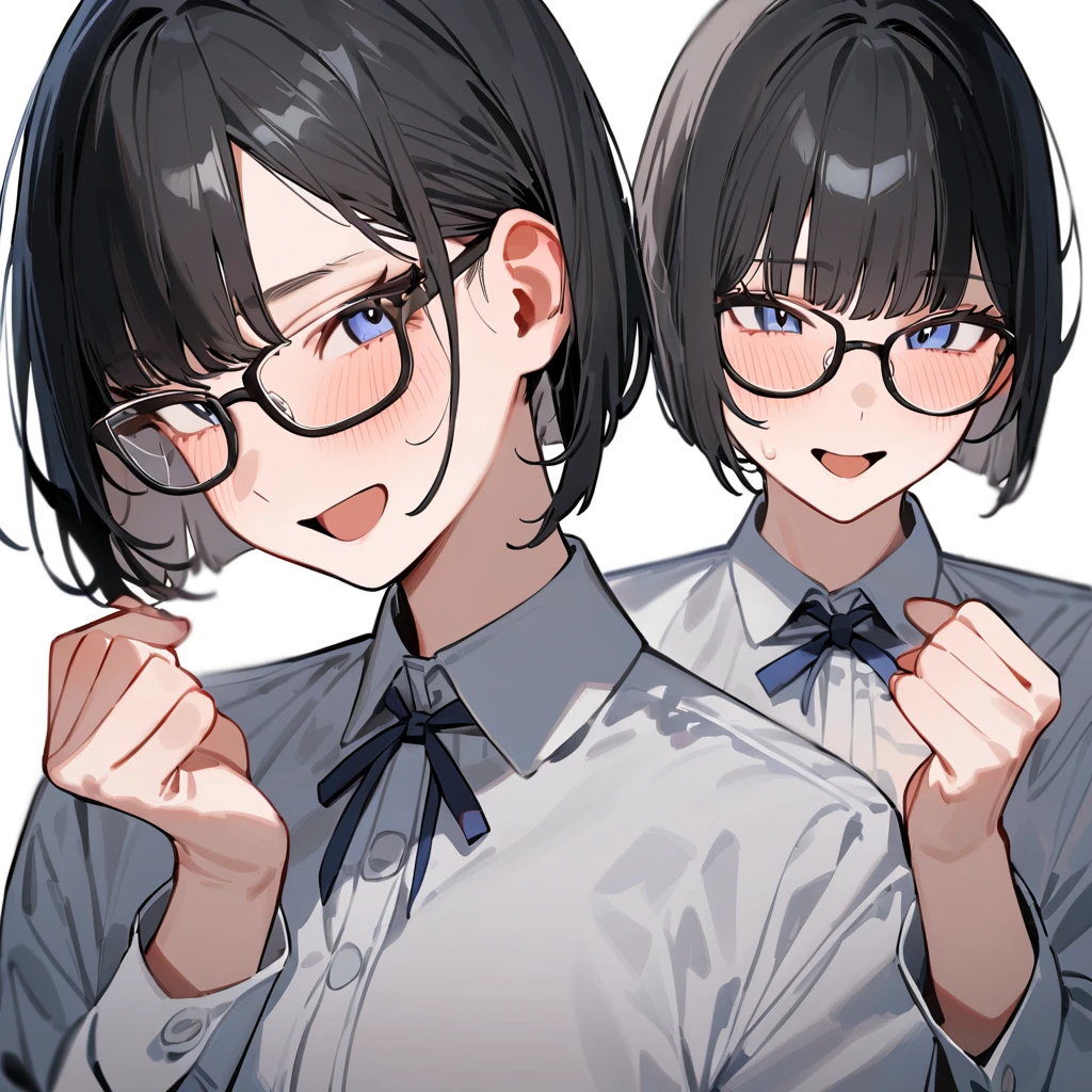 masterpiece, Highest quality, so beautiful, Absurd,
One girl, alone, Black Hair, Bobcut,
Thermont 16A, Glasses, 
Collared shirt、Ecstatic expression、View your viewers,  White Background, Simple Background,
 