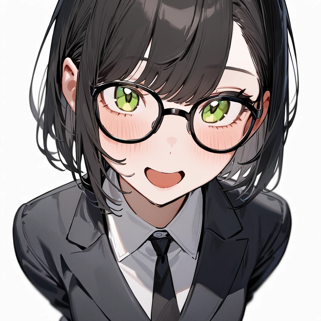 masterpiece, Highest quality, so beautiful, Absurd,
One girl, alone, Black Hair, Bobcut,
Thermont 16A, Glasses, 
Collared shirt、Ecstatic expression、View your viewers,  White Background, Simple Background,
 