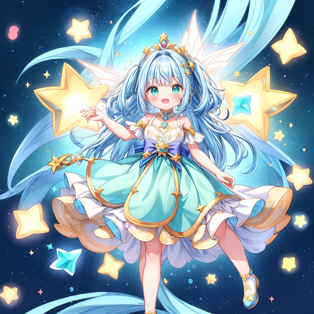 1girginal cute hairstyle、Star Fairy、Star incarnation、Character design front view、A picture facing the viewer、(((Super detailed、Highest quality、Masterpiece)))、Original cute hairstyle、Milky white and blue hair color、Simple Green Background、vtuber-fullbody,