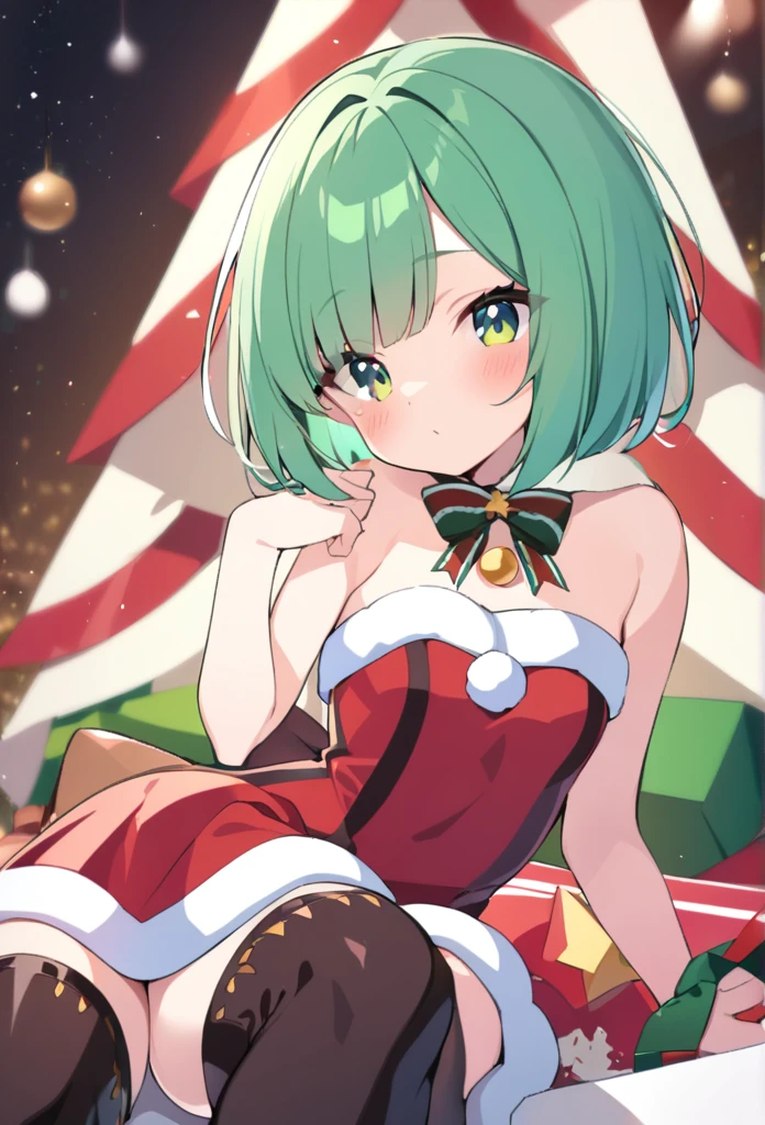 1 girl, cute, young, green hair, bob haircut, green eyes, santa clothes, thigh boots,