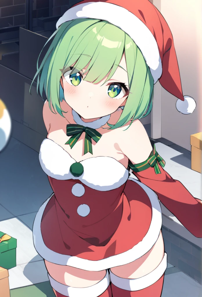1 girl, cute, young, green hair, bob haircut, green eyes, santa clothes, thigh boots,