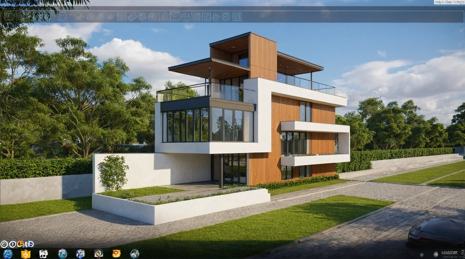 Raw photo,Masterpiece, high quality, best quality, authentic, super detail,
exterior, outdoors, house style modern on the street, glass windows, gate, wooden ceiling,
road,pavement, trees, sky, cloud, (daylight:1.1)