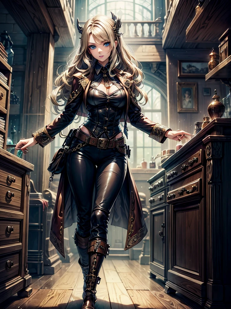 Woman in steampunk costume, wearing steampunk outfit, steampunk fantasy style, (Steampunk), steampunk beautiful goddess, steampunk beautiful woman, Steampunk style, steampunk fantasy, steampunk inventor woman, long blonde wavy hair, bangs covering eyes, blue eyes, white skin, serious dignified face, burgundy lips, brown tight leather pants, brown low-cut leather vest, brown long leather boots, standing on a metal platform Set in a steampunk world, vivid steampunk concept  sultry look, seductive,
