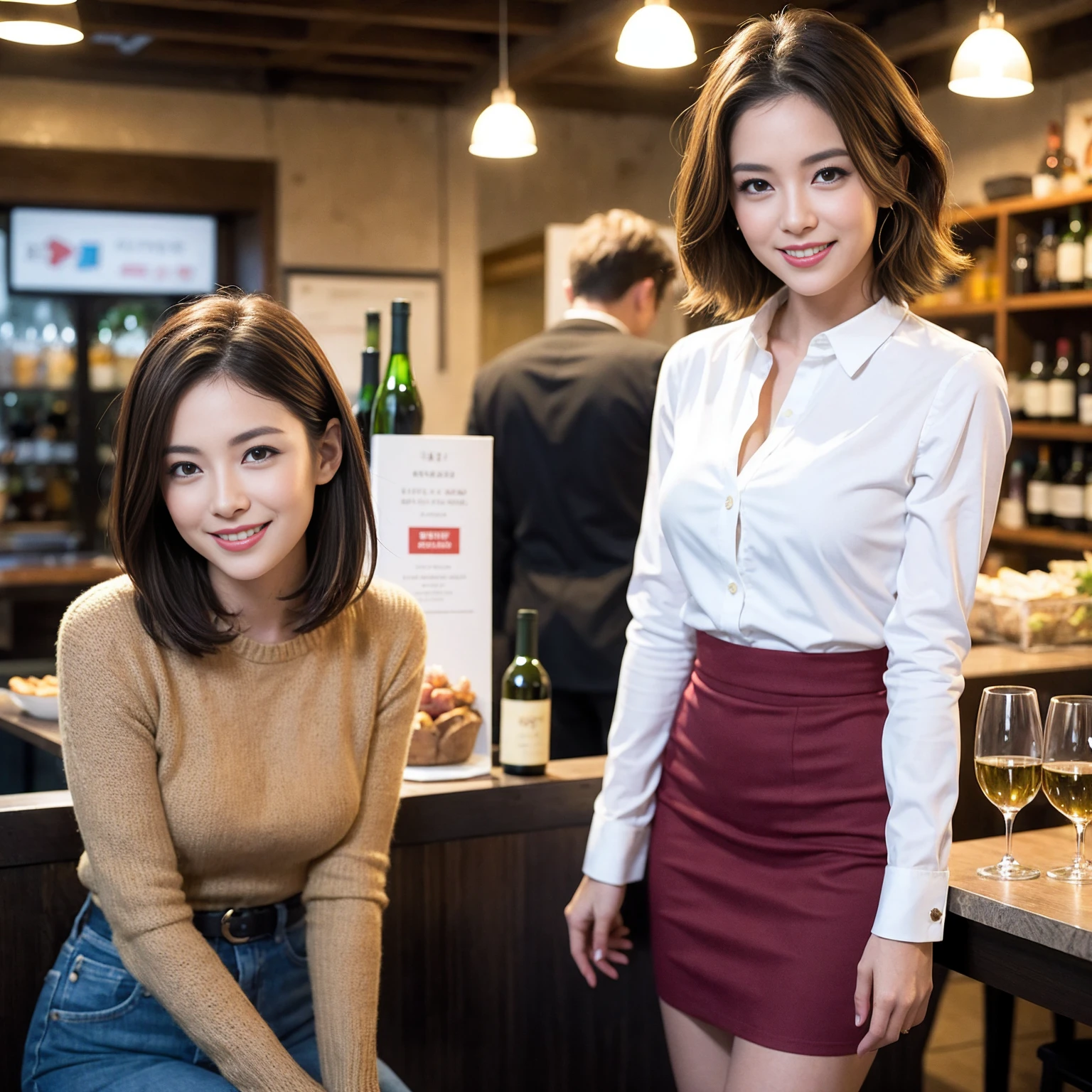 (Realistic:1.1),(masterpiece,Highest quality),8k,((Two Women)), (45 years old), 42 years old, slimカップル、modelカップル、actress男優、Tight waist,Upper Body,full-course dinner、wine 、Amazing view of the sunset sky and clouds、Perfect Anatomy, Brown Hair, Short Hair,Random Hairstyles,((Highly detailed face and eyes:1.2))(cute顔:1.4),美しいactressの顔,Perfect golden ratio face,Long sleeve shirt、dress,(smile:1.2)、Shortcuts、cute、(Realistic, Intricate details:1.2), A bright smile、short hair,Bright Face、赤wine 、Appetizers、Italian food、wine bottle、Champagne、スパークリングwine、Brown Hair、Shortcuts、(slimな顔), (The body is slim), (Brown Hair), (Shortcuts), cheeks turn a little red,restaurant, In a prominent place (From the waist up) Nova Frog Style, actress, model, Upper Body, 白wine, slim, wineグラス,