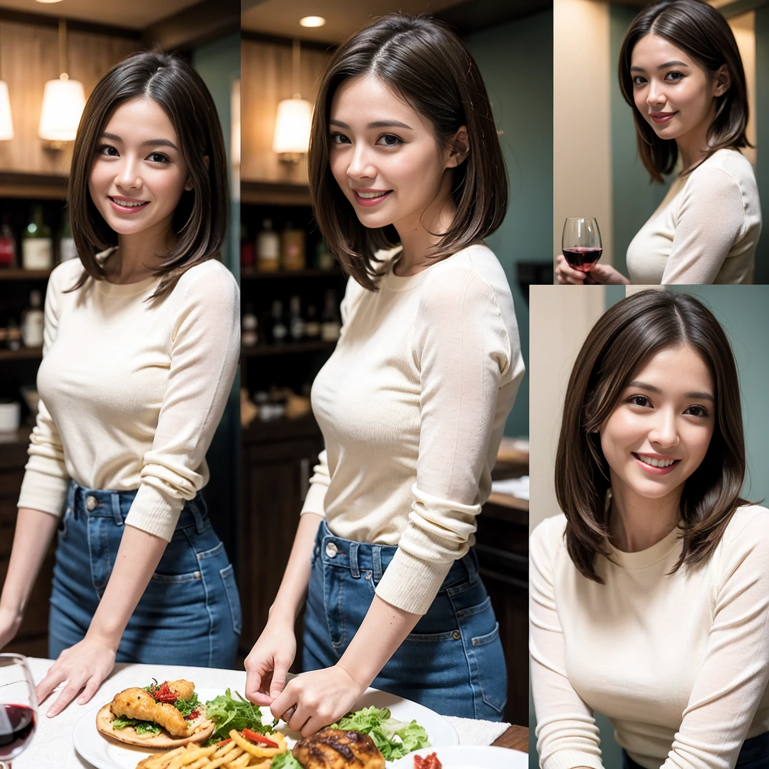 （Realistic:1.1）,(masterpiece,Highest quality)，8k,((Two Women)), (45 years old), 42 years old, slimカップル、modelカップル、actress男優、Tight waist,Upper Body,full-course dinner、wine 、Amazing view of the sunset sky and clouds、Perfect Anatomy, Brown Hair, Short Hair,Random Hairstyles,((Highly detailed face and eyes:1.2))(cute顔:1.4)，美しいactressの顔，Perfect golden ratio face，Long sleeve shirt、dress,(smile:1.2)、Shortcuts、cute、(Realistic, Intricate details:1.2), A bright smile、short hair,Bright Face、赤wine 、Appetizers、Italian food、wine bottle、Champagne、スパークリングwine、Brown Hair、Shortcuts、(slimな顔), (The body is slim), (Brown Hair), (Shortcuts), cheeks turn a little red,restaurant, In a prominent place (From the waist up) Nova Frog Style, actress, model, Upper Body, 白wine, slim, wineグラス, 