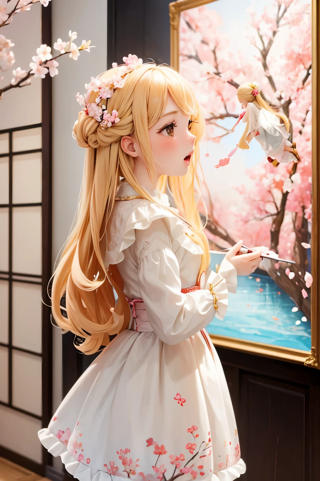 Doll standing in front of the painting、blonde、Yawning face、Rococo、(high definition figures)、Flowing cherry colored silk、cherry blossom petals、Flowing cherry blossom silk、Taken from the side、Bokeh effect strong、season!!: 🌸 ☀ 🍂 ❄