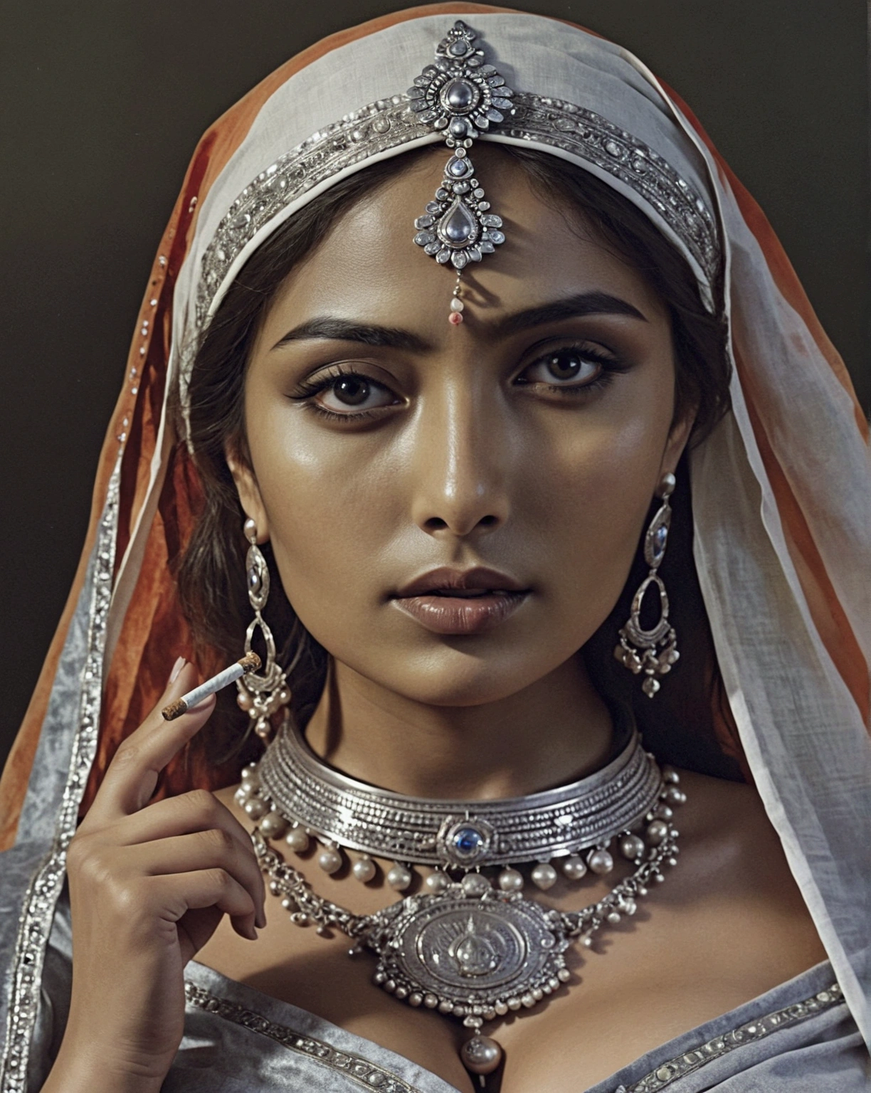 Best quality, masterpiece, big , (large breasts), detailed skin texture, detailed cloth texture, detailed face, super detail, 8k, intricate detail, 1girl, detail eyes, holding a cigarette, blindfold on the right eye
