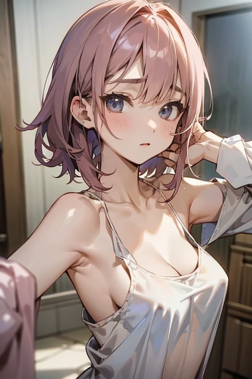 Very big shirts、loose T-Shirts、beautiful girl、Her neck is loose and her cleavage is visible、Beautiful clavicle、slender、small breasts、Small breastodest chest、raise arms、armpit