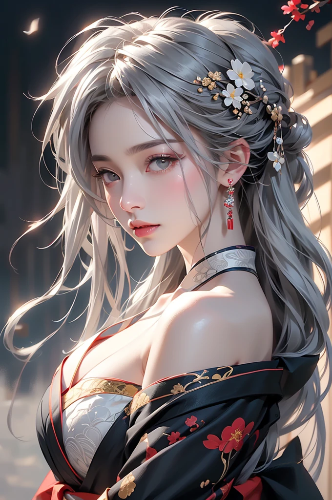 ((Picture from the waist up:1.3))super high quality, masterpiece, Perfect illustration, Very detailed (Exquisite light and shadow, Very dramatic photo,Backlight) , ((Gray Hair:1.5))1 Girl,(( alone:1.6)), (Wearing Japanese clothes, Black and white kimono,Monotony,Long sleeve、Gorgeous costumes、A highly decorated kimono) Flower Field, Flowers, (White smoke:1.3) (Realistic:1.4), Zen Intertwining, Tangled, Official Art, unity 8k wallpaper, Very detailed, Beautiful and beautiful, masterpiece, Highest quality, (Dynamic Angle: 1.4), Glowing Skin, (Floating colorful flashes: 1) The most beautiful chaotic shapes, elegant, Brutalist Design, Bright colors, Romantic Depth of Field Exotic_dance, half_naked、Expose your shoulders、Ample breasts、Great cleavage、Dynamic pose、Backlight