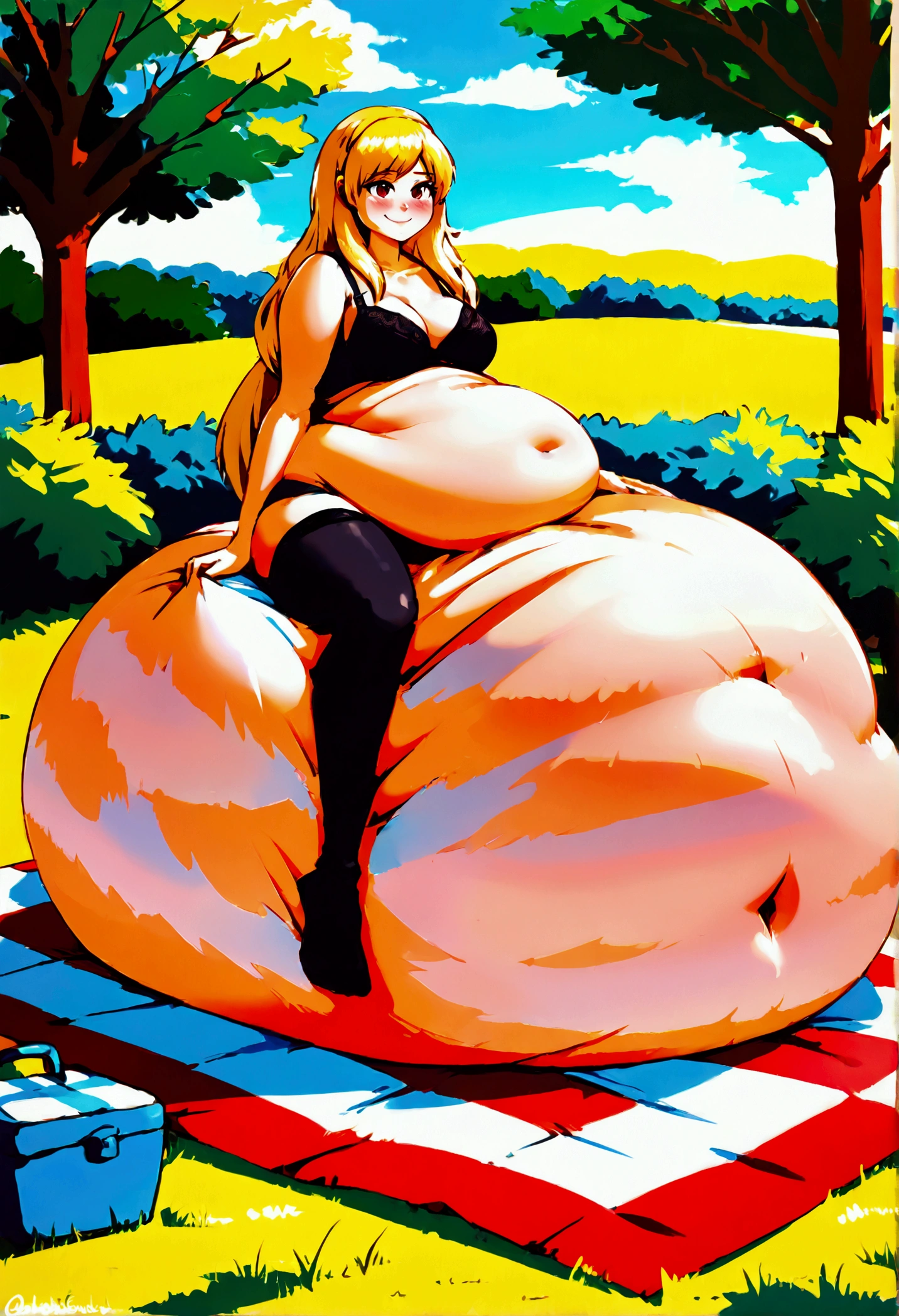 1girl, solo, blonde hair, long hair, red eyes, black panties, medium breast, smile, black bra, outdoors, park, (gigantic belly, colossal belly, big belly, massive belly, enormous belly, huge belly, stuffed belly:1.2), picnic, sitting in ground, (belly button:1.2), blushing