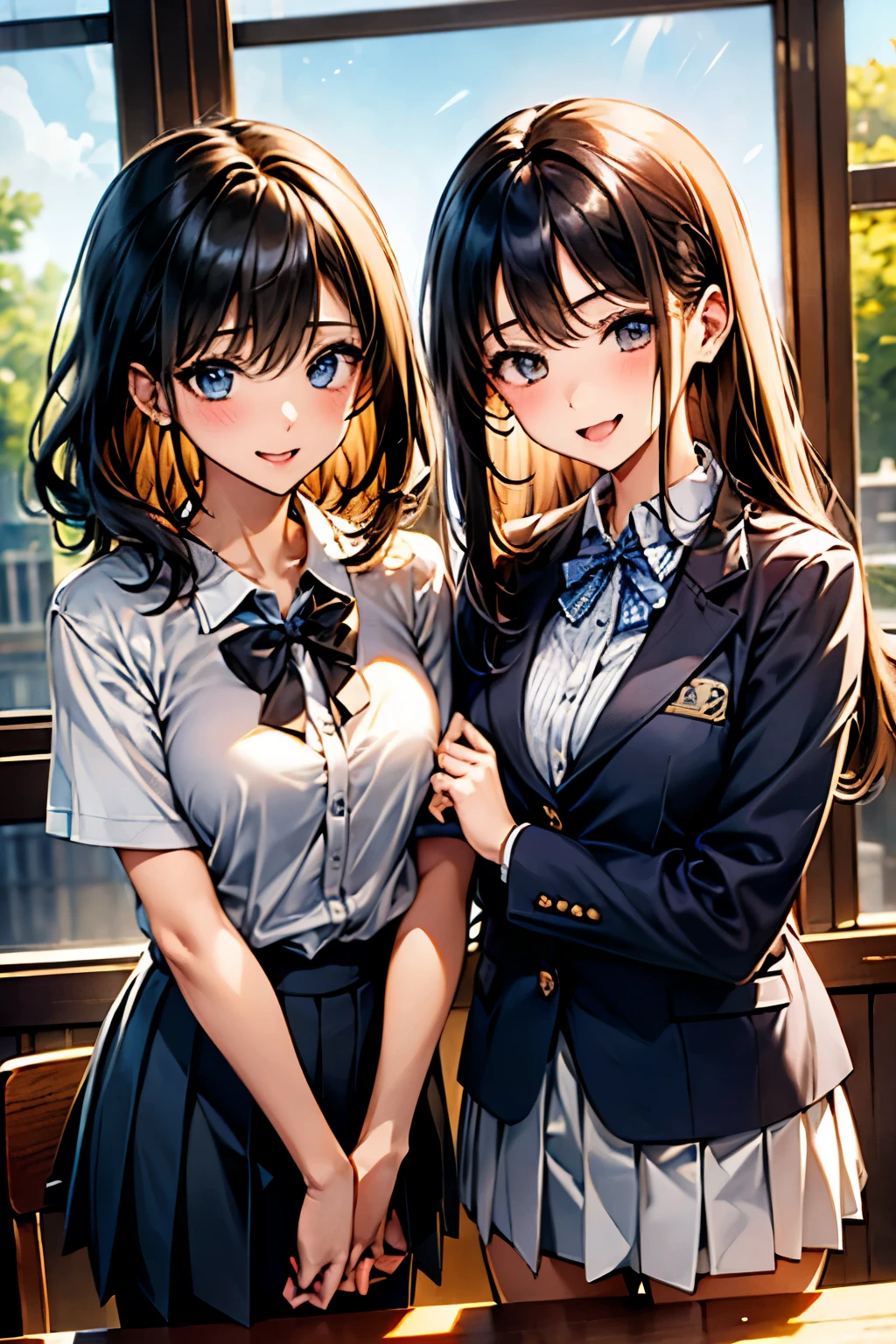 masterpiece、Best Quality、Super detailed、Beautiful Eyes、Jitome、 ((2 girls:1.6))、((The woman on the right has straight, black hair down to her shoulders.、The woman on the left has short blonde hair.))、Big Breasts、High school girl in modern Japanese 。(white blouse with peter pan collar、Navy blue pleated skirt、They are wearing blazers of the same color with the school emblem on them.)、Standing by the window in the classroom, where sunlight was streaming in、The sunlight is shining warmly。Holding a book in his left hand、Gazing thoughtfully out the window。In the background there is a wooden desk and chair、I see a blackboard full of chalk writing.。Pan Thai、From below、 blush、Mouth pointed.、Open your wavy mouth、Close ~ eyes、upright、valley、