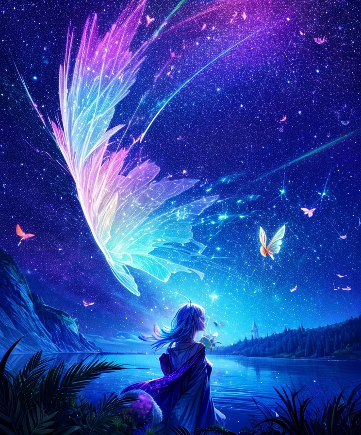 starrysky、Cute iridescent round monster、Iridescent grass々Drawing a butterfly flying over the water, Looking up at the starry sky. Surround her with colorful nebulae and colorful forests.