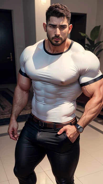 Indian Muscular male security guard with open mouth，Chris Redfield，Wear a tight tee shirt，expression sad，He frowned aggrievedly。。。。。。。。。gem-like eyes，Tall, Burly and strong，Thick thighs，He was in the living room of a luxury villa，Luxurious warmth in gray tones。。。。。。Highest resolution，the highest picture quality，Extremely optimized facial features，Detailed depiction, full body shot, showing His perfect( penis) is (coming out) of his pant,masterpieces, seductive, erotic, exotic penis, nudity, pornography 