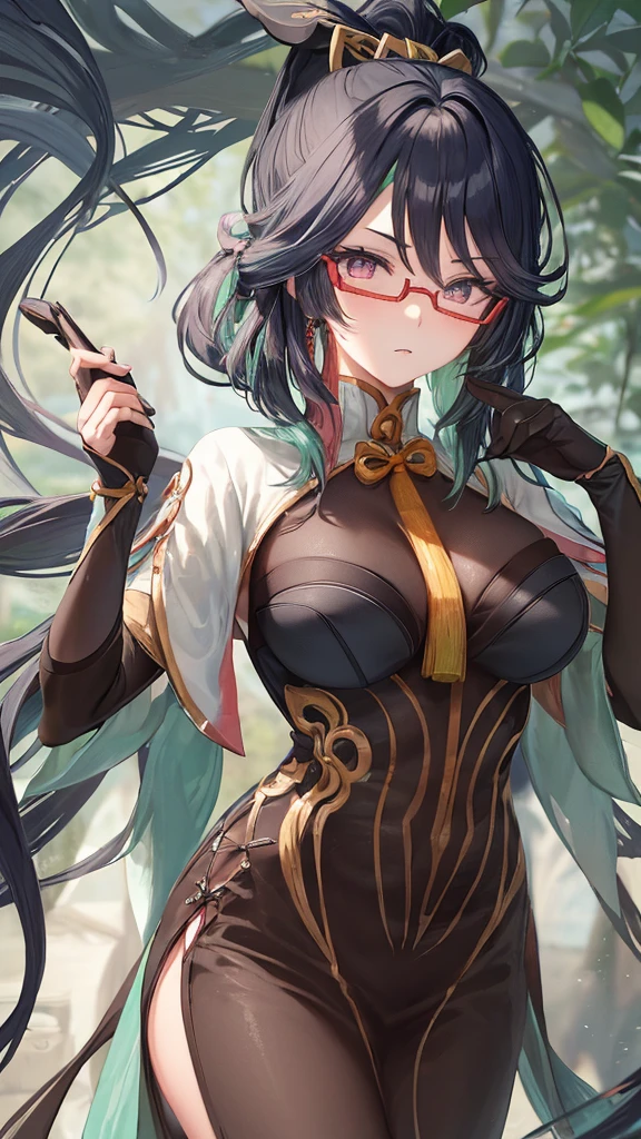 Bblack hair, round glasses (pink eyes), ((white bows on the head)), imperial chinese hairstyle, gorgeous face, looking to the down, view from below, brush in hand 