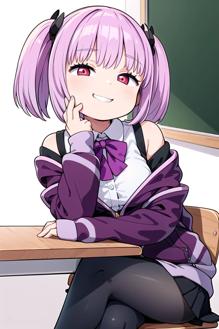 1girl, grin, :3, twintails, upper body, hand to own mouth, looking at viewer, half-closed eyes, hoodie, pink hair, blue eyes,Masterpiece, Best quality, A high resolution, Akane Shinjo, 1girll, Solo, Pantyhose, shirt, bow, Skirt, purple jacket, Jacket, White shirt, Long sleeves, Short hair, Black skirt, Collared shirt, Black pantyhose, Open clothes, neck bowtie, Purple bow, Breasts, bangs, Red eyes, Pleated skirt, cropped shoulders, Open jacket, sleeves past wrists, Light purple hair, Purple bow tie, Miniskirt, Cowboy shot, Classroom,((crossed legs)), boots,