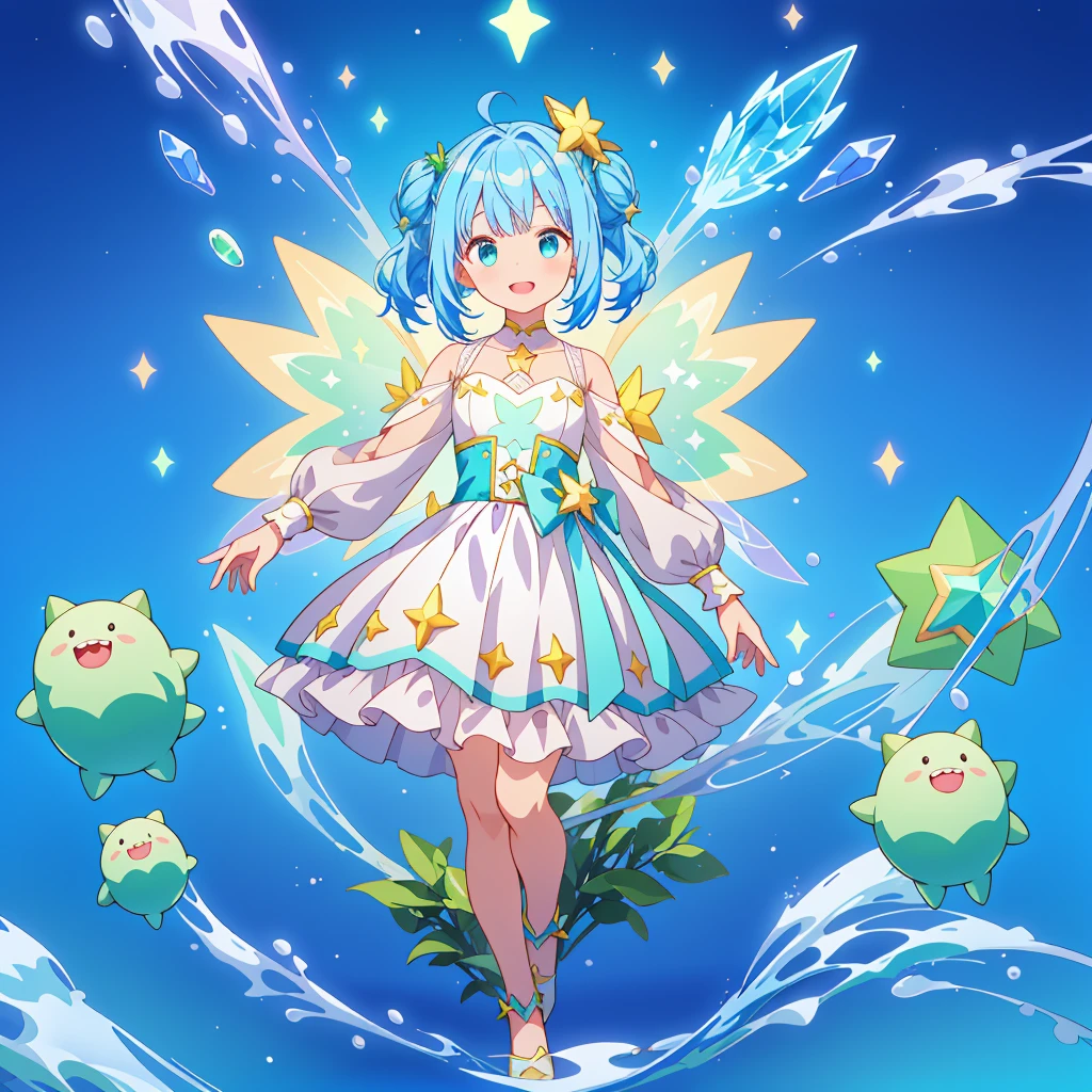 1girginal cute hairstyle、Star Fairy、Star incarnation、Character design front view、A picture facing the viewer、(((Super detailed、Highest quality、Masterpiece)))、Original cute hairstyle、Milky white and blue hair color、Simple Green Background、vtuber-fullbody,