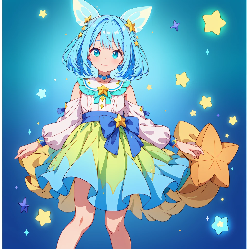 1girginal cute hairstyle、Star Fairy、Star incarnation、Character design front view、A picture facing the viewer、(((Super detailed、Highest quality、Masterpiece)))、Original cute hairstyle、Milky white and blue hair color、Simple Green Background、vtuber-fullbody,